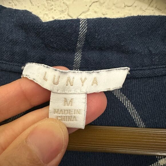 LUNYA Button Up Shirt Navy Blue Windowpane 3/4 Sleeve Cotton-Blend - Picture 7 of 9